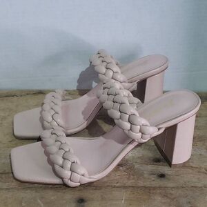 GENSHUO Women Squere Open Toe Heels Braided Two Strap Low Block Chunky Heeled Sa